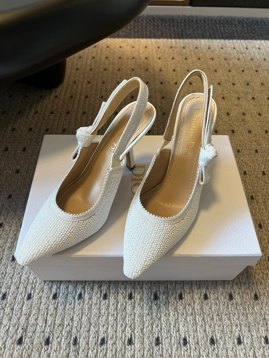 CD J'adior Slingback Heels 95 White In Cotton With Metallic Thread Embroidery 598135