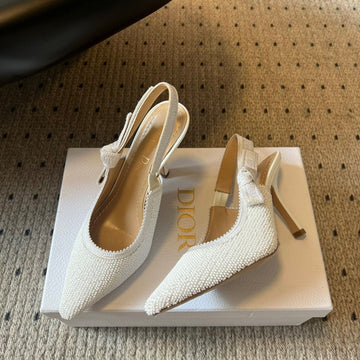 CD J'adior Slingback Heels 95 White In Cotton With Metallic Thread Embroidery 598135