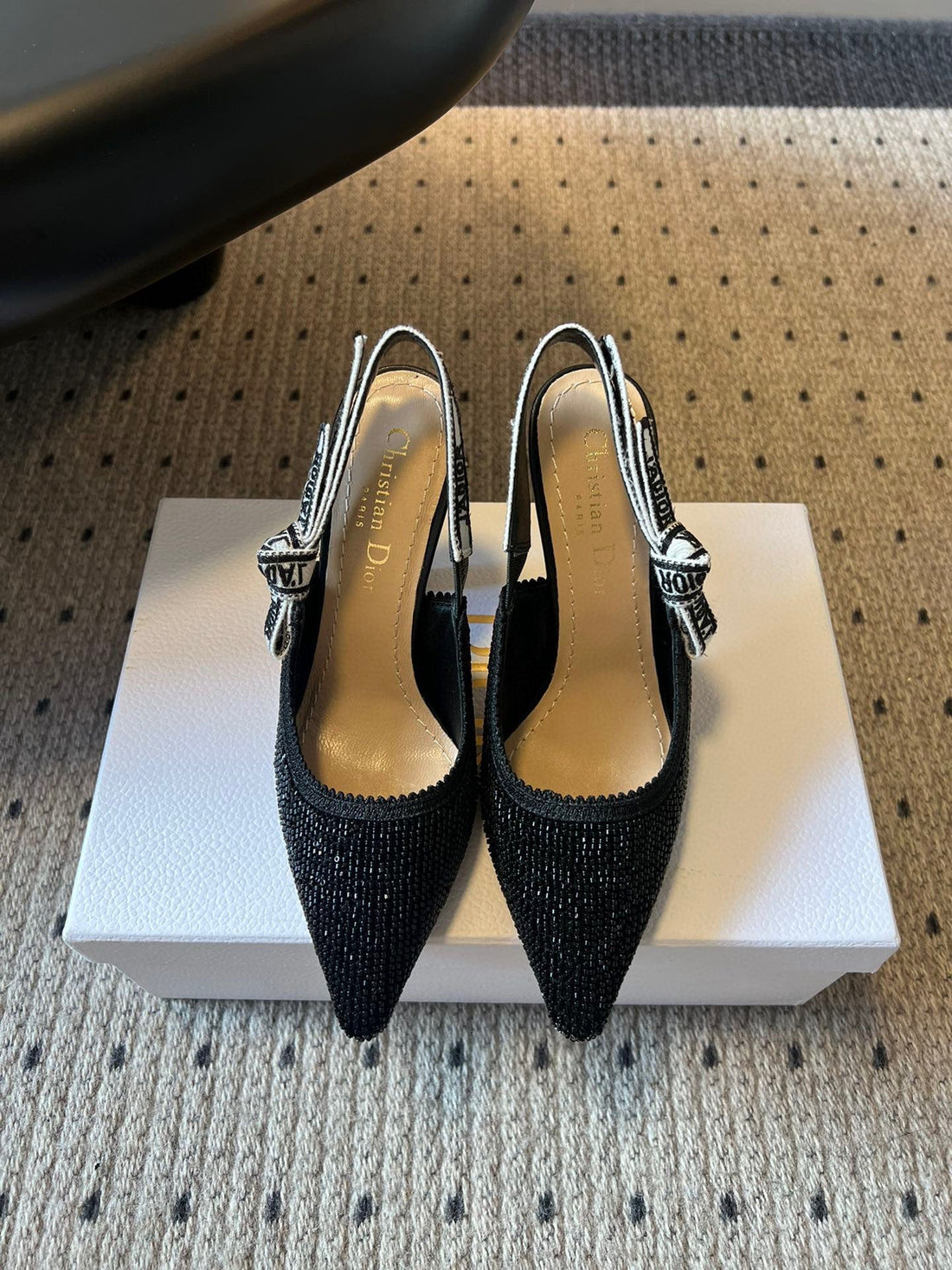 CD J'adior Slingback Heels 95 Black In Cotton With Metallic Thread Embroidery 598134