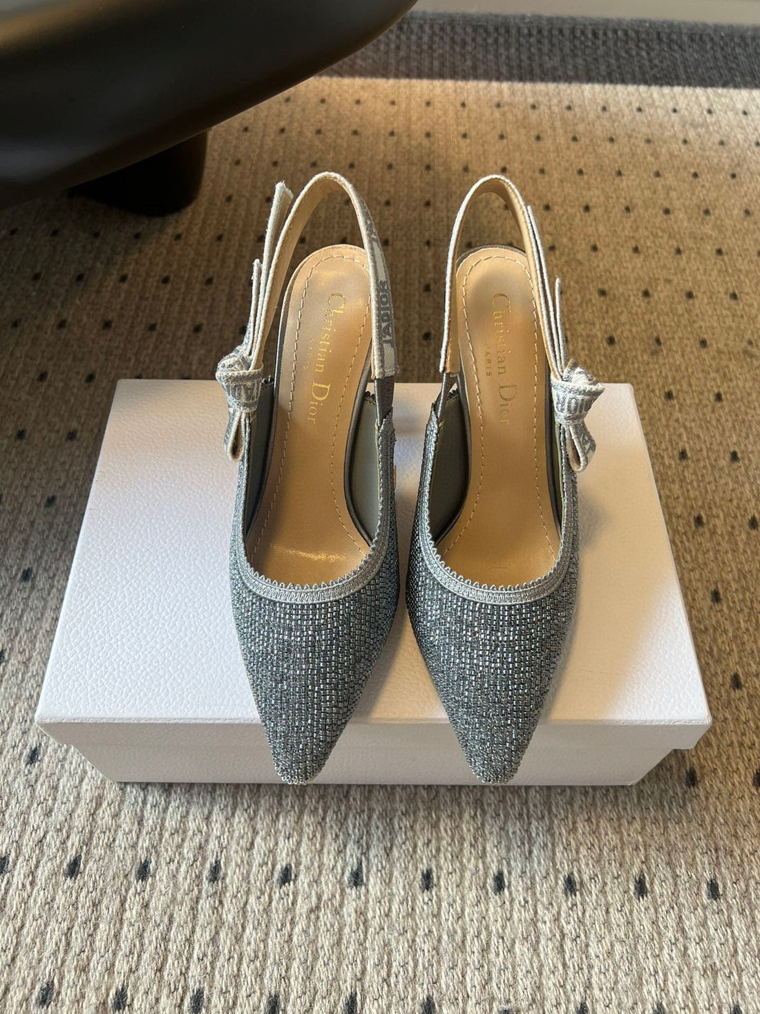 CD J'adior Slingback Heels 95 Gray In Cotton With Metallic Thread Embroidery 598133