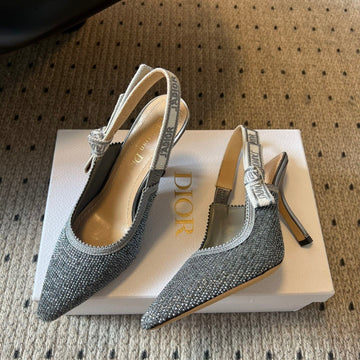 CD J'adior Slingback Heels 95 Gray In Cotton With Metallic Thread Embroidery 598133