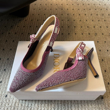 CD J'adior Slingback Heels 95 Pink In Cotton With Metallic Thread Embroidery 598132