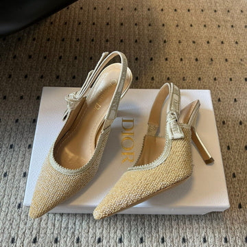 CD J'adior Slingback Heels 95 Beige In Cotton With Metallic Thread Embroidery 598131
