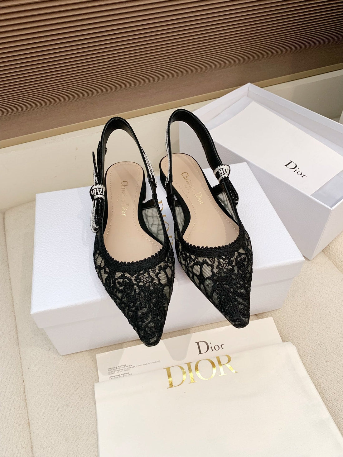 CD Ribbon Lace Open-Toe Black Sandals In Sheepskin 598114