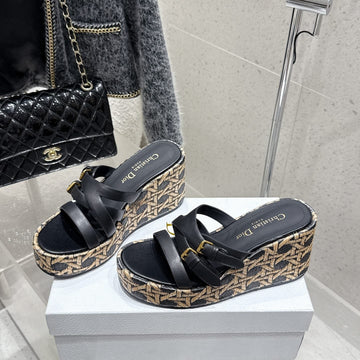 CD 25SS D-Attitude Wedge Sandals 90 Black In Cowhide 598110