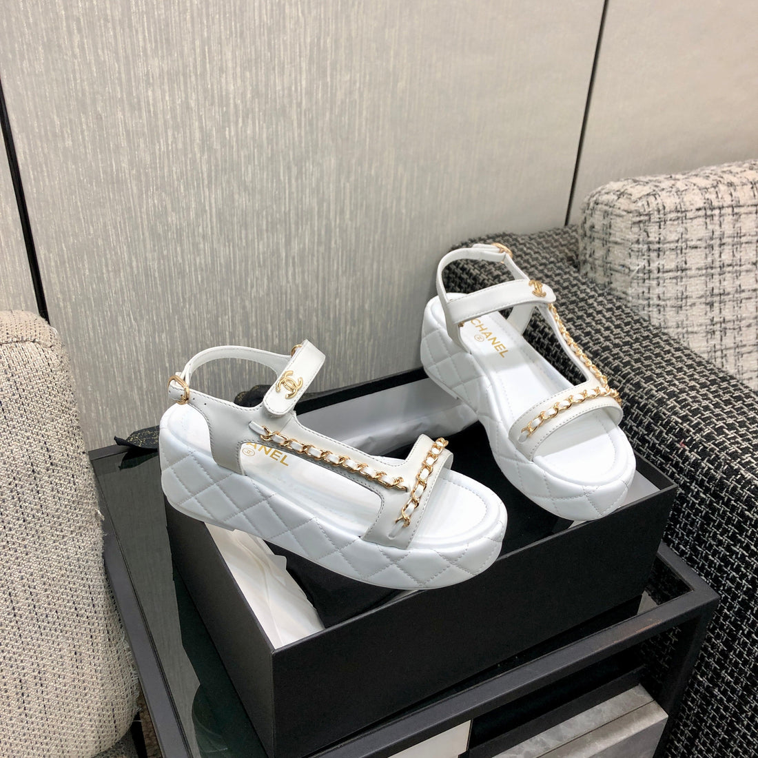 Chanel 26 Platform Chain Sandals White In Lambskin 602506