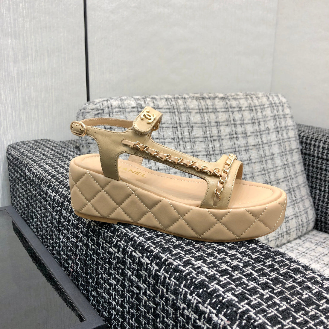 Chanel 26 Platform Chain Sandals Beige In Lambskin 602505