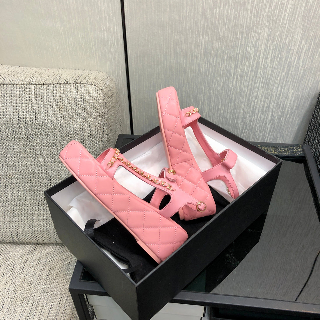 Chanel 26 Platform Chain Sandals Pink In Lambskin 602504
