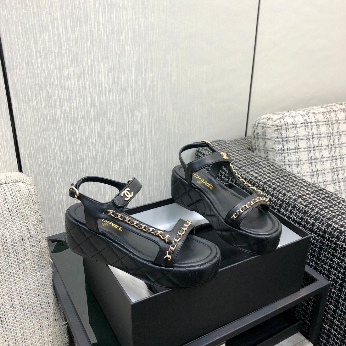 Chanel 26 Platform Chain Sandals Black In Lambskin 602503