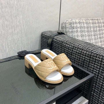 Chanel 26 High-Heeled Chain Slippers Beige In Lambskin 602481