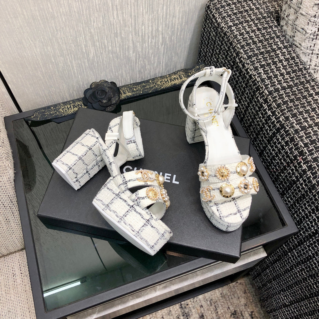 Chanel 26 Runway Style High-Heeled Sandals White In Tweed Fabric 602479
