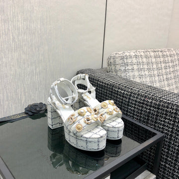 Chanel 26 Runway Style High-Heeled Sandals White In Tweed Fabric 602479