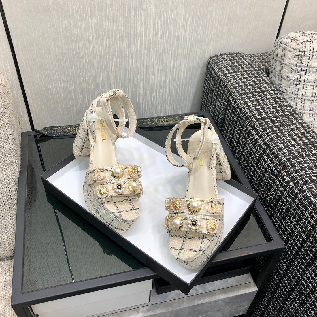 Chanel 26 Runway Style High-Heeled Sandals Off-White In Tweed Fabric 602478