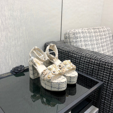 Chanel 26 Runway Style High-Heeled Sandals Off-White In Tweed Fabric 602478
