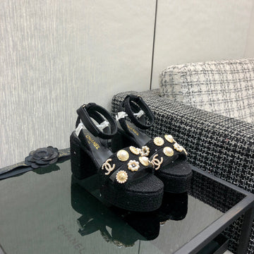 Chanel 26 Runway Style High-Heeled Sandals Black In Tweed Fabric 602477