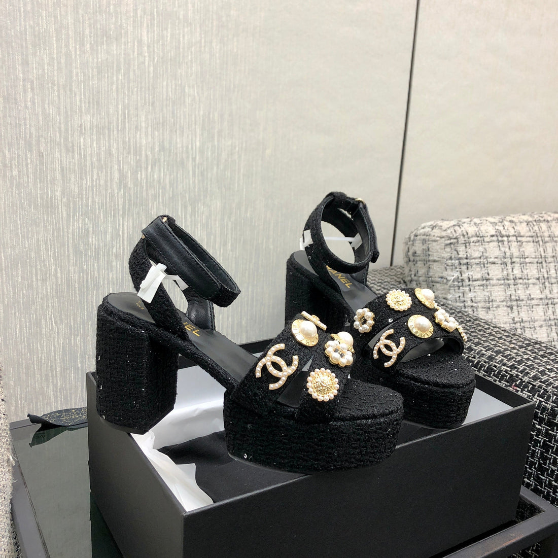 Chanel 26 Runway Style High-Heeled Sandals Black In Tweed Fabric 602477