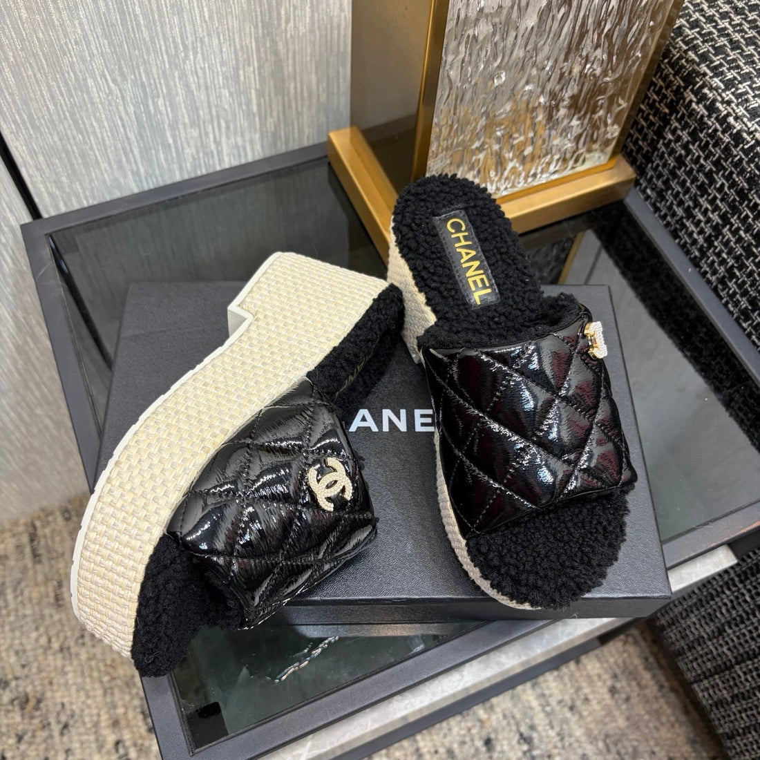 Chane 26 Platform Slippers Black In Patent Leather With Wool 602465
