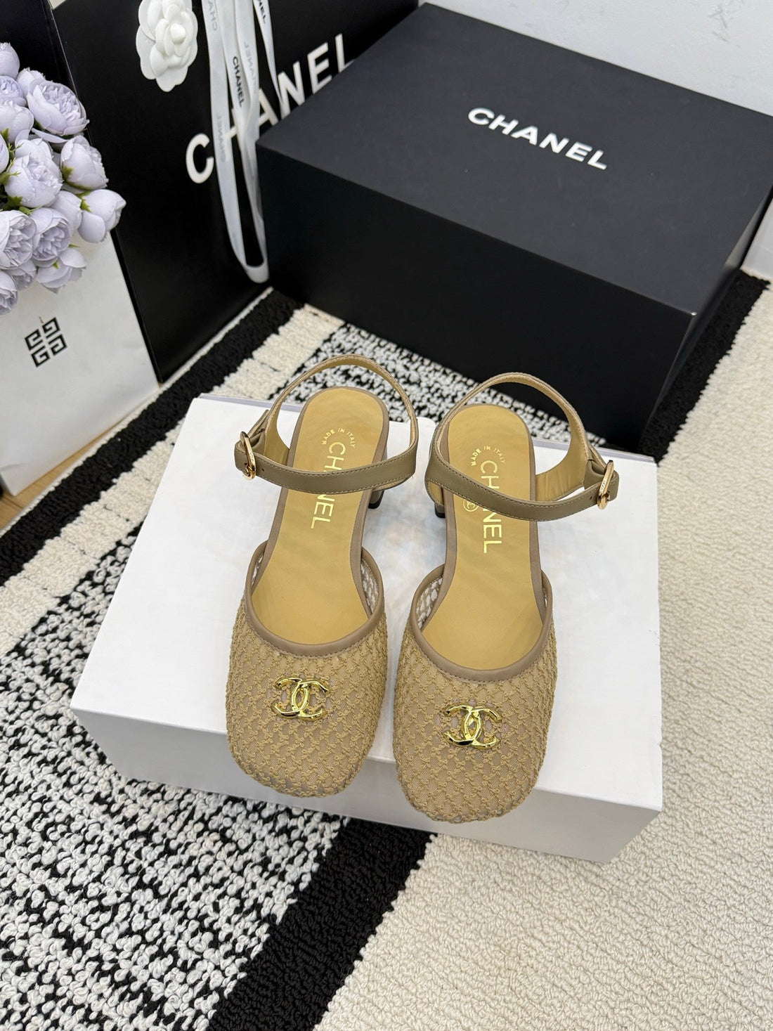 Chanel Square Toe Mary Jane Flats Beige In Mesh Fabric 602172