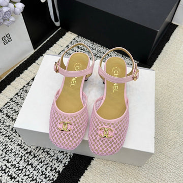Chanel Square Toe Mary Jane Flats Pink In Mesh Fabric 602170