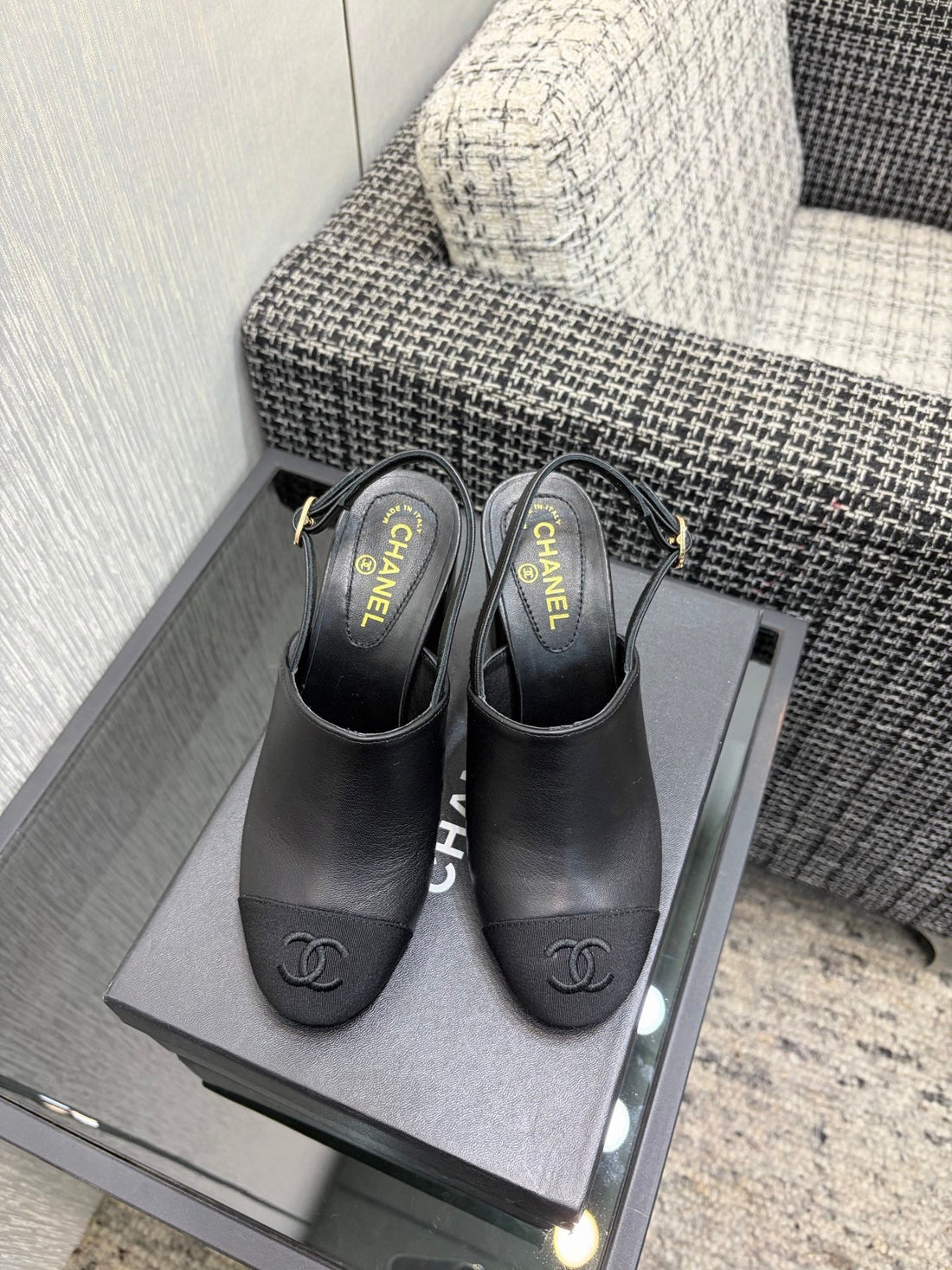 Chanel 26 Classic Chunky Heel Open Back Sandal 95 Black In Sheepskin 602497