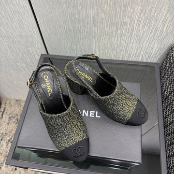 Chanel 26 Classic Chunky Heel Open Back Sandal 95 Olive Green In Tweed Fabric 602496