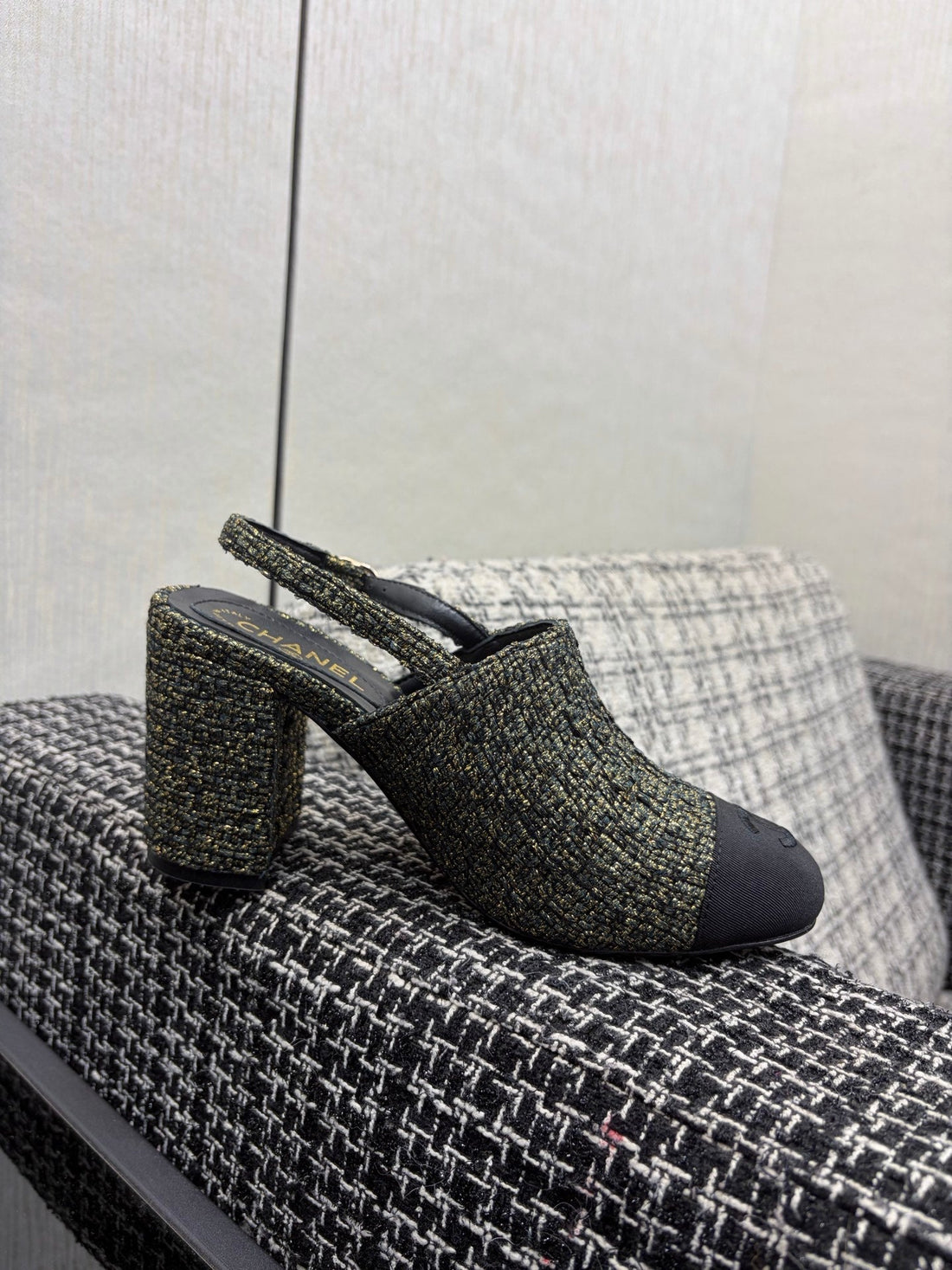 Chanel 26 Classic Chunky Heel Open Back Sandal 95 Olive Green In Tweed Fabric 602496