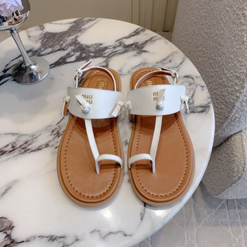 Miu Flip-Flot Flat Sandal Brown White In Cowhide 615340