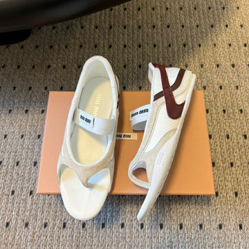 Miu Miu 26 Mary Jane Casual Flip-Flops White Brown In Mesh Fabric 614740