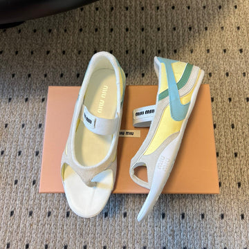 Miu Miu 26 Mary Jane Casual Flip-Flops White Blue In Mesh Fabric 614739