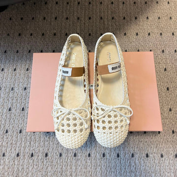 Miu Miu 26SS Ballet Flats White In Sheepskin Leather Woven Mesh 614699