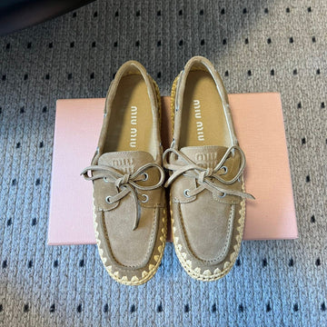 Miu Miu 26SS Loafer Taupe In Suede With Raffia Straw 614558