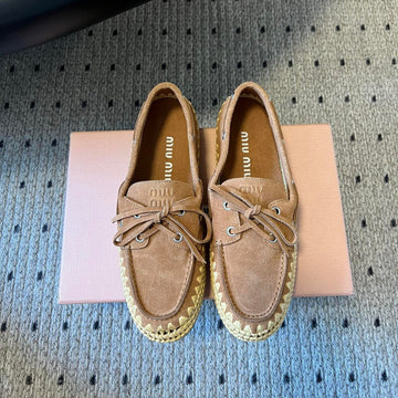 Miu Miu 26SS Loafer Brown In Suede With Raffia Straw 614557