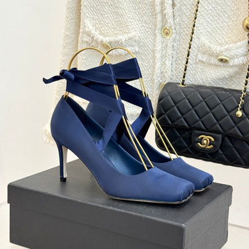 Chanel 26C Ballet High Heels Dark Blue In Silk 616004