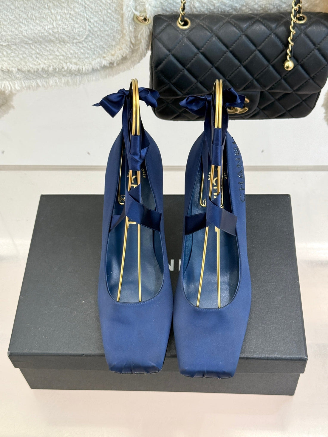 Chanel 26C Ballet High Heels Dark Blue In Silk 616004