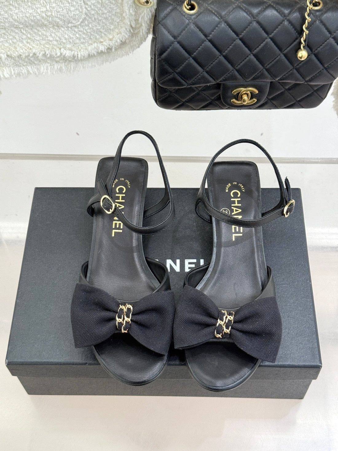 Chanel 26C Chain Bow Chunky Heel Sandals Black In Cowhide 615992