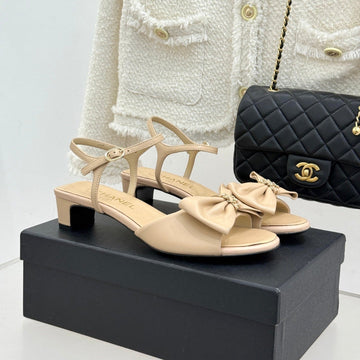 Chanel 26C Chain Bow Chunky Heel Sandals Beige In Cowhide 615991