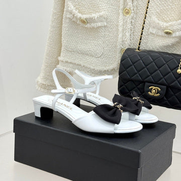 Chanel 26C Chain Bow Chunky Heel Sandals White Black In Cowhide 615990