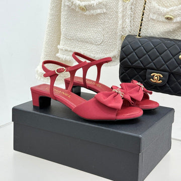 Chanel 26C Chain Bow Chunky Heel Sandals Red In Cowhide 615987