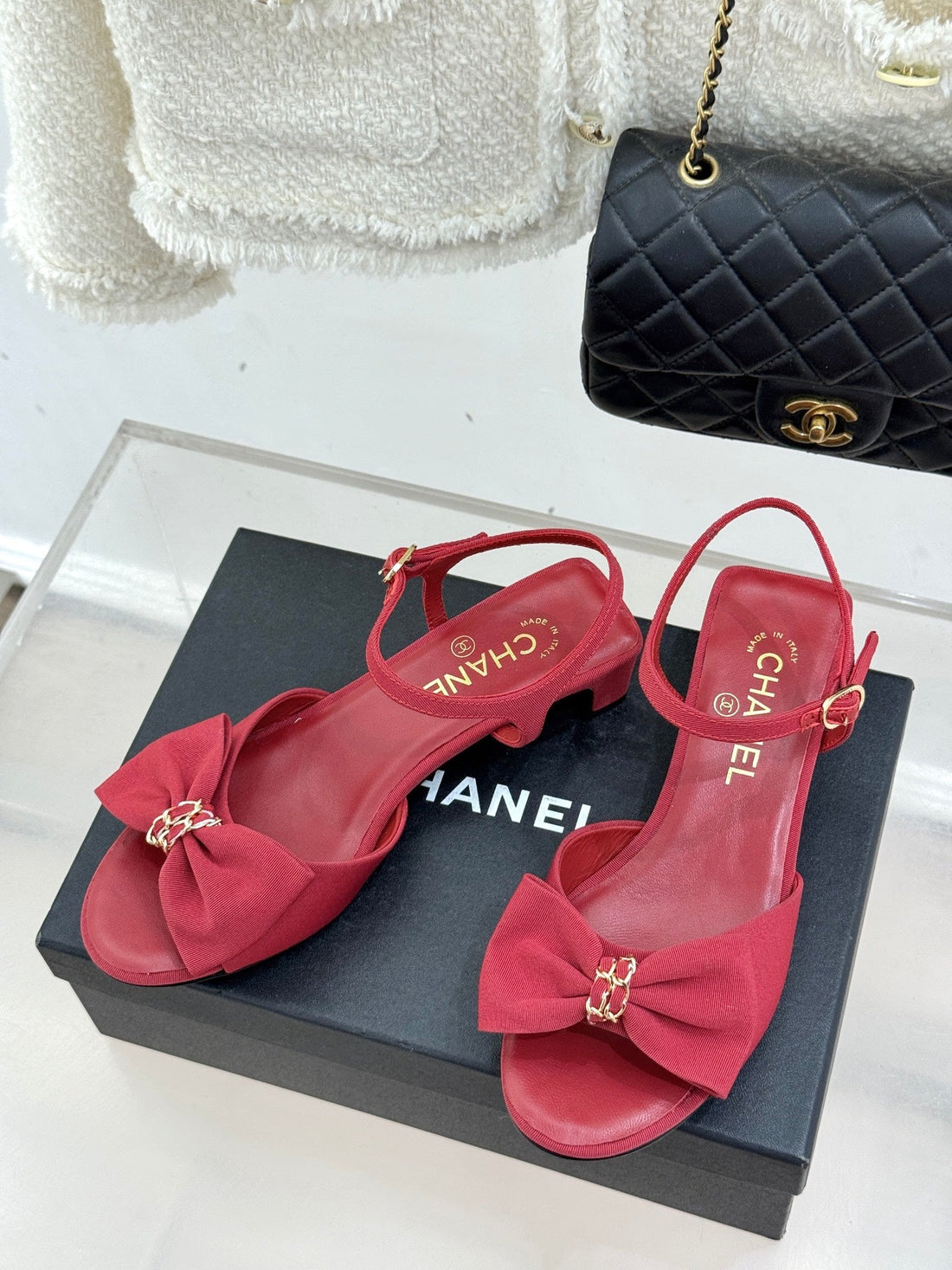 Chanel 26C Chain Bow Chunky Heel Sandals Red In Cowhide 615987