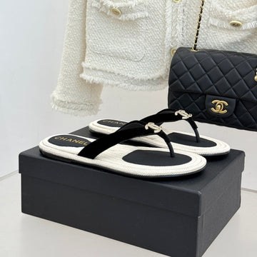Chanel 26C Hemp Rope Sole Double C Flip-Flops Black In Sheepskin 615960