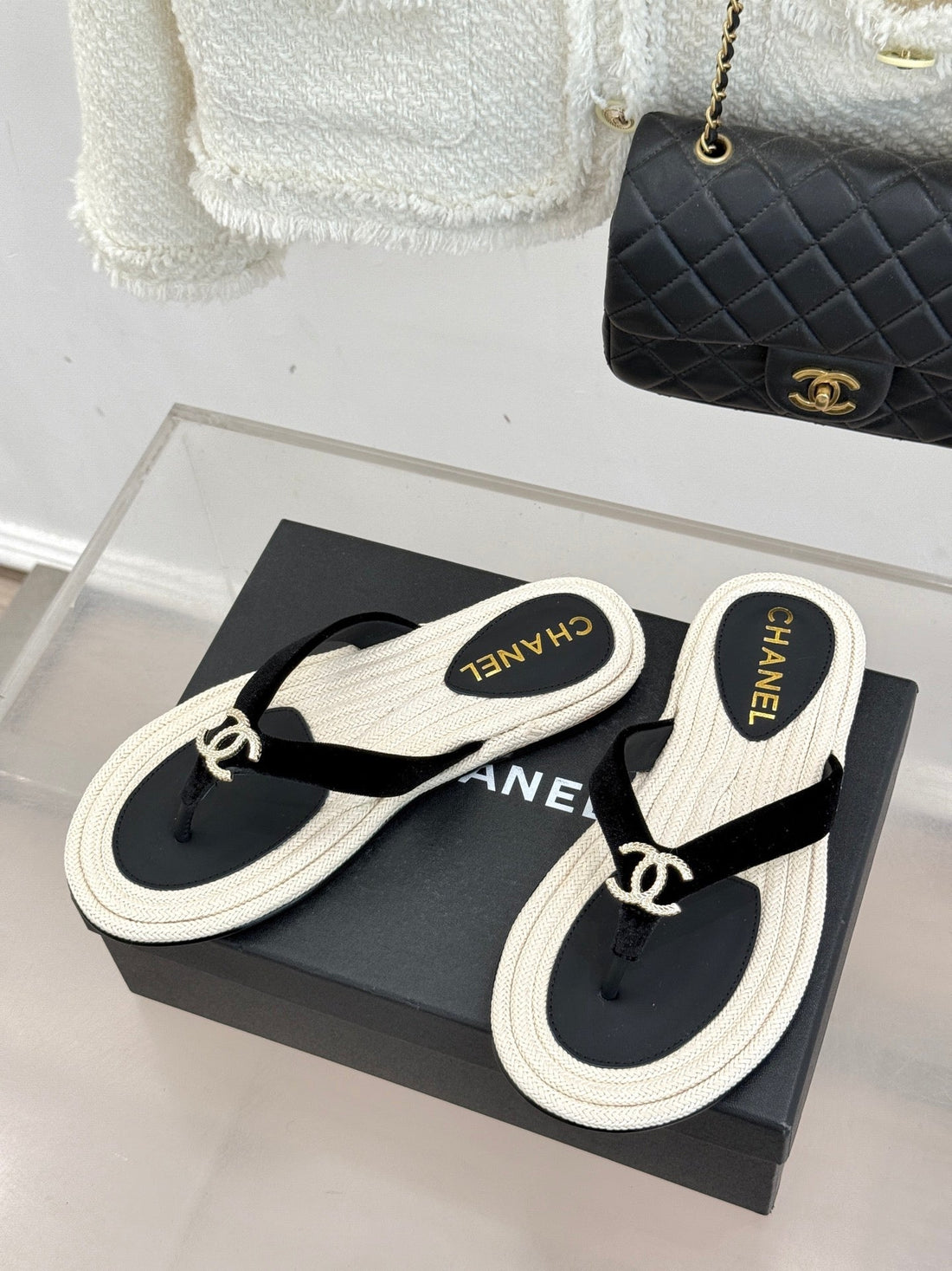 Chanel 26C Hemp Rope Sole Double C Flip-Flops Black In Sheepskin 615960