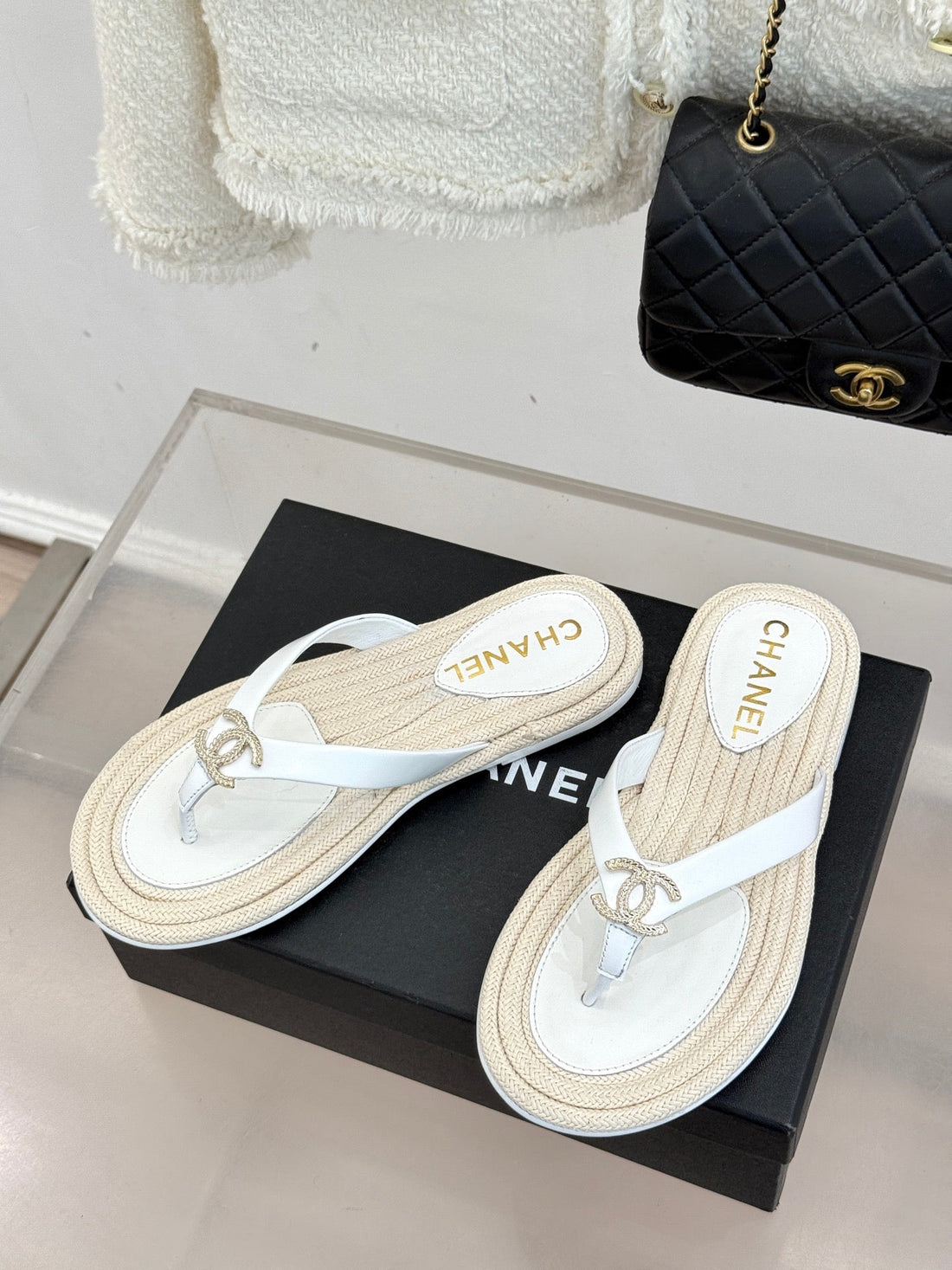 Chanel 26C Hemp Rope Sole Double C Flip-Flops White In Sheepskin 615959