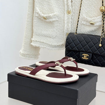 Chanel 26C Hemp Rope Sole Double C Flip-Flops Burgundy In Sheepskin 615958