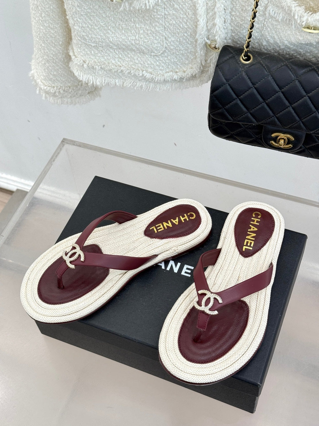 Chanel 26C Hemp Rope Sole Double C Flip-Flops Burgundy In Sheepskin 615958
