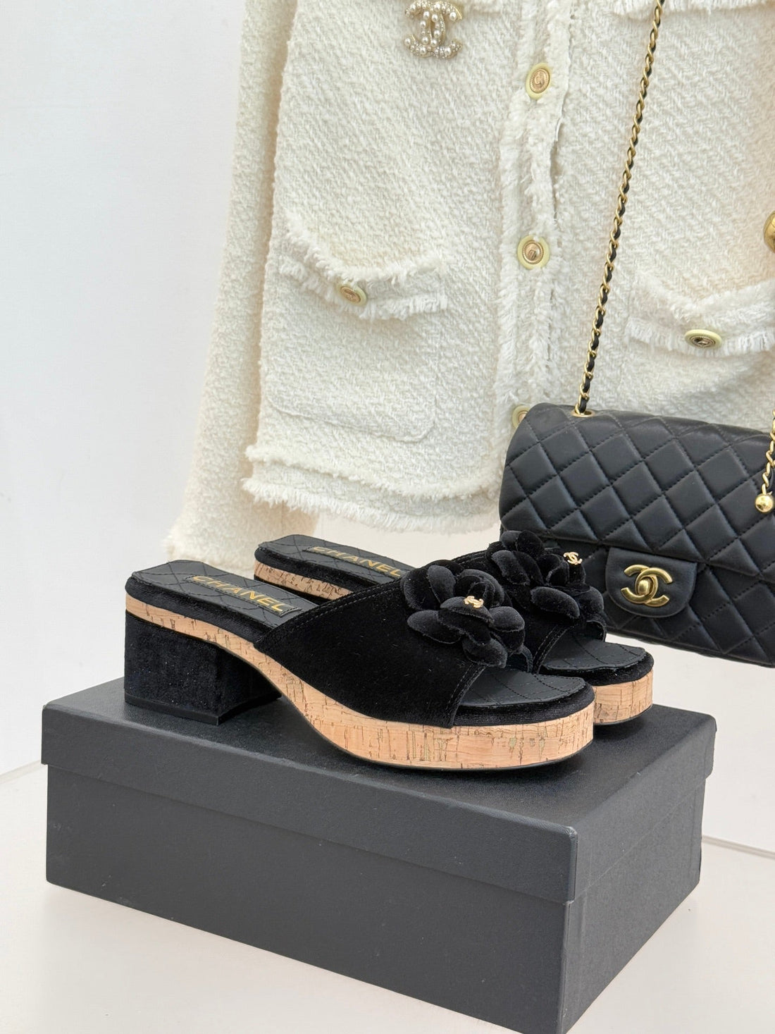 Chanel 26C Camellia Wood Grain Platform Sandals Black In Velvet Leather 615917