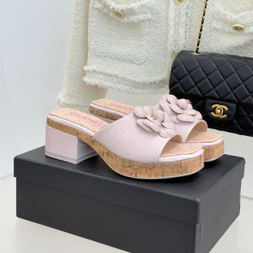 Chanel 26C Camellia Wood Grain Platform Sandals Pink In Leather 615915