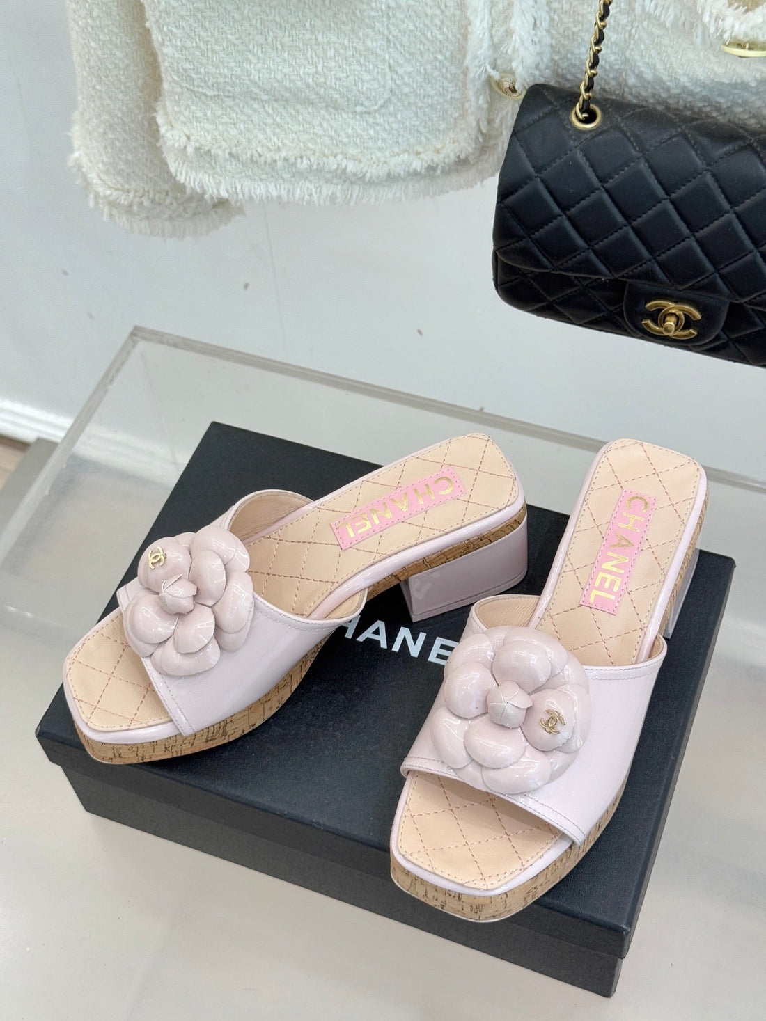 Chanel 26C Camellia Wood Grain Platform Sandals Pink In Leather 615915