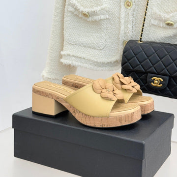 Chanel 26C Camellia Wood Grain Platform Sandals Beige In Leather 615913