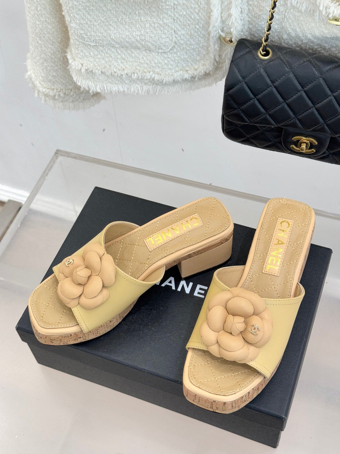 Chanel 26C Camellia Wood Grain Platform Sandals Beige In Leather 615913