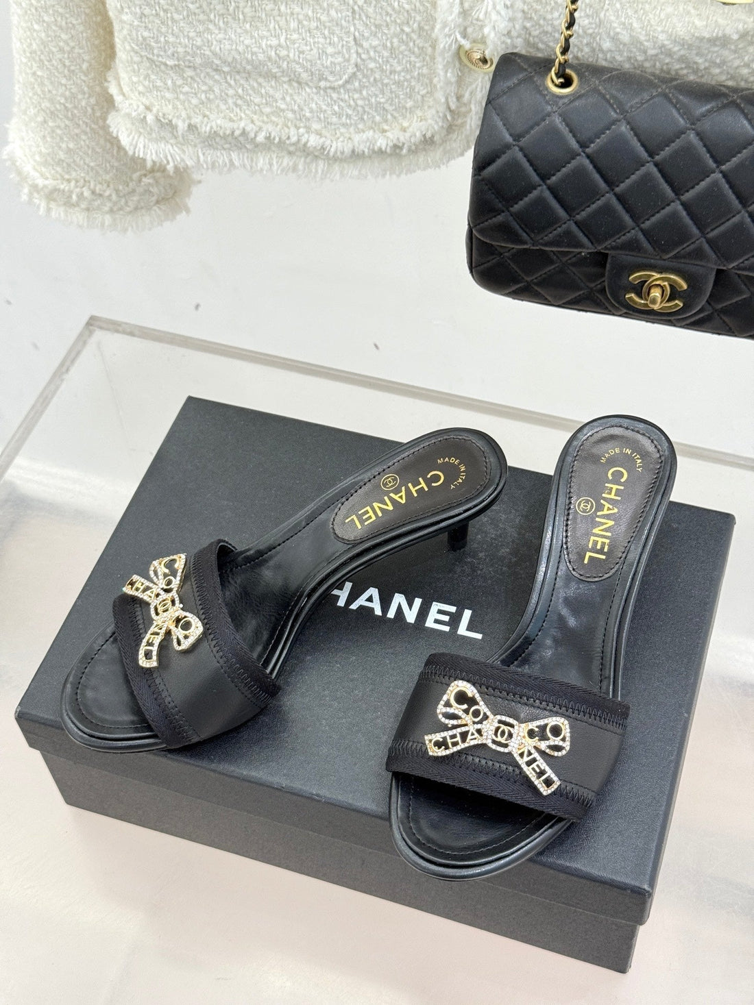 Chanel Classic Rhinestone Double C Bow Kitten Heel Slippers Black In Leather 615820